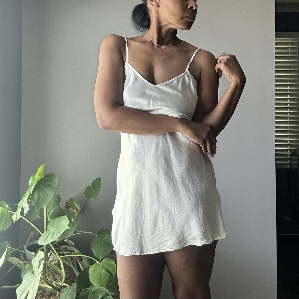 Vintage Mary Green 100% Silk Chemise Mini Slip Dress Lingerie Womens M Ivory Y2K